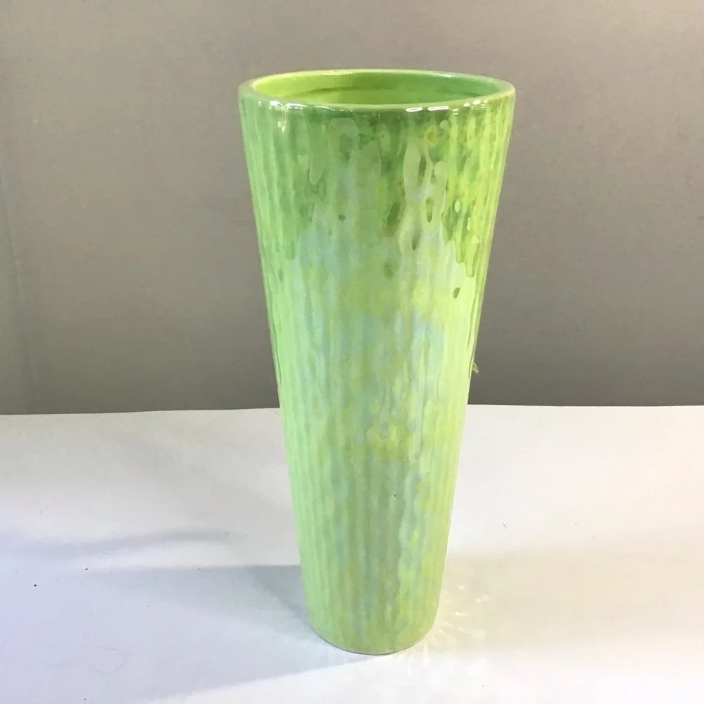 Vintage Green Iridescent Vase With Holes For Bow 10” Tall Textured Shiny Skinny - Picture 5 of 7